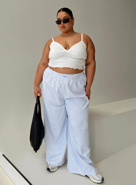 front view of model wearing Princess Polly Beach House Pants Blue Stripe Curve Pants 