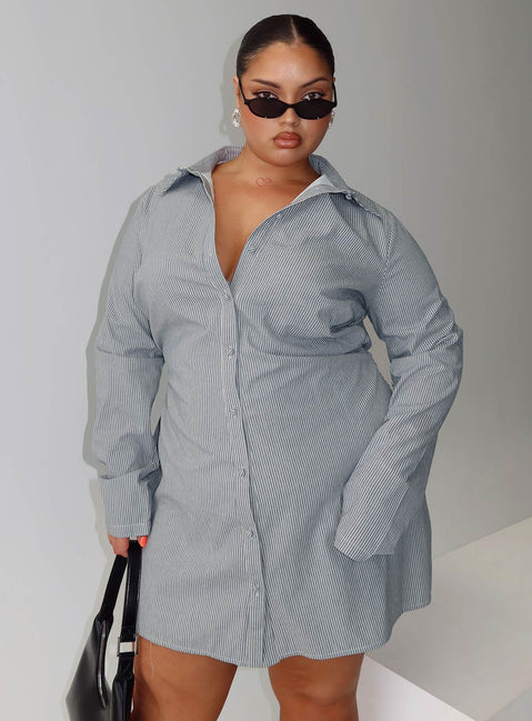 back view of model wearing Princess Polly Publicity Long Sleeve Mini Dress Blue Pinstripe Curve V-Neck 