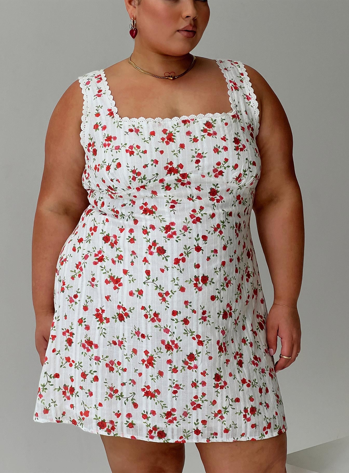 front view of model wearing Princess Polly Dasha Mini Dress White Floral Curve Square Neck 