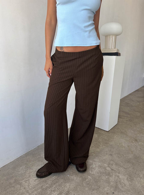 Khane Low Rise Wide Leg Pant Brown Pinstripe Petite