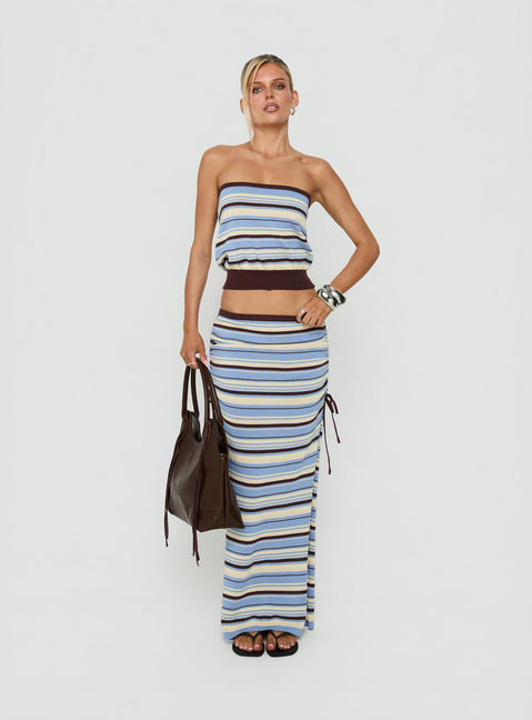 Featuring the Osamie Knit Drawstring Maxi Skirt Multi Stripe in womens-skirts with ruched details and fitted silhouette front view of model wearing Princess Polly