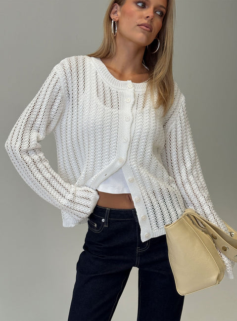 Showcasing the Avalisa Knit Cardigan White in womens-jumpers featuring short length side view of model wearing Princess Polly