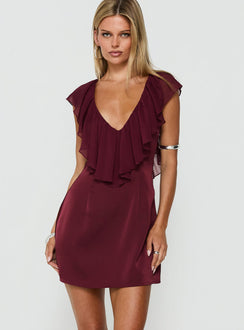 Madibelle V Neck Frill Mini Dress Wine