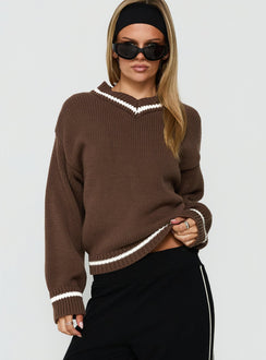 Myrandah V Neck Long SLeeve Knit Jumper Chocolate Stripe