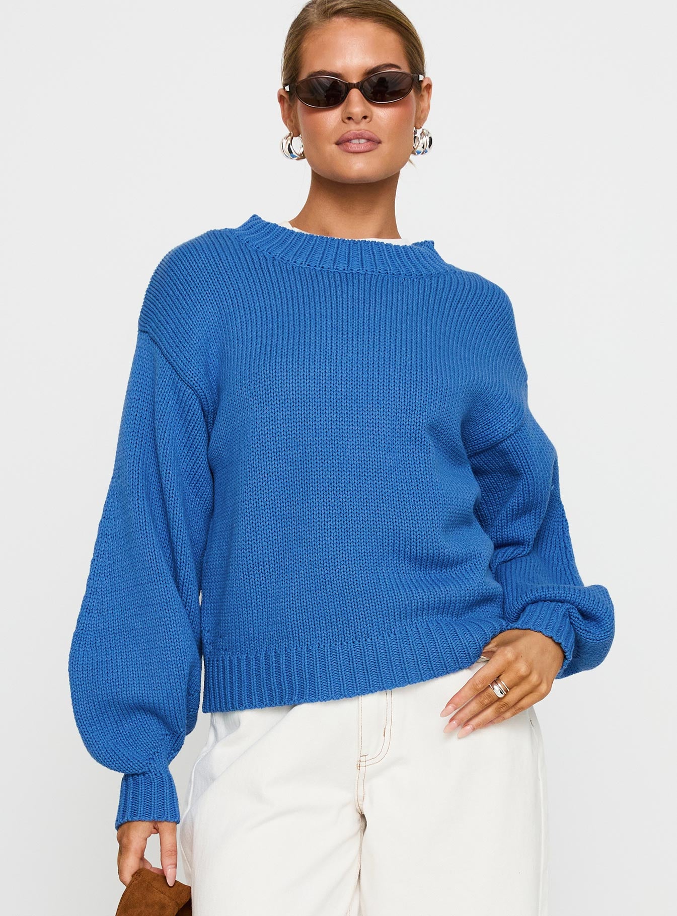 Featuring the Harmony Balloon Sleeve Knit Sweater Blue womens jumpers in short length front view of model wearing Princess Polly