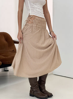 Featuring the Vence Ruched Maxi Skirt Brown Gingham in womens-skirts with checkered print and relaxed a-line shape Princess Polly