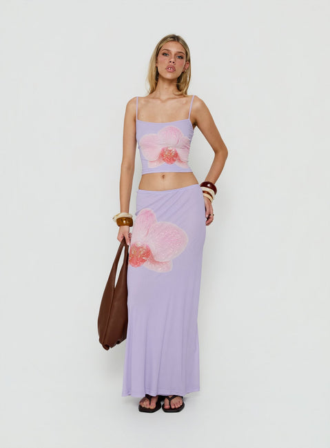 Discover the Golden Visions Maxi Skirt Purple Orchid womens-skirts in maxi length front view of model wearing Princess Polly