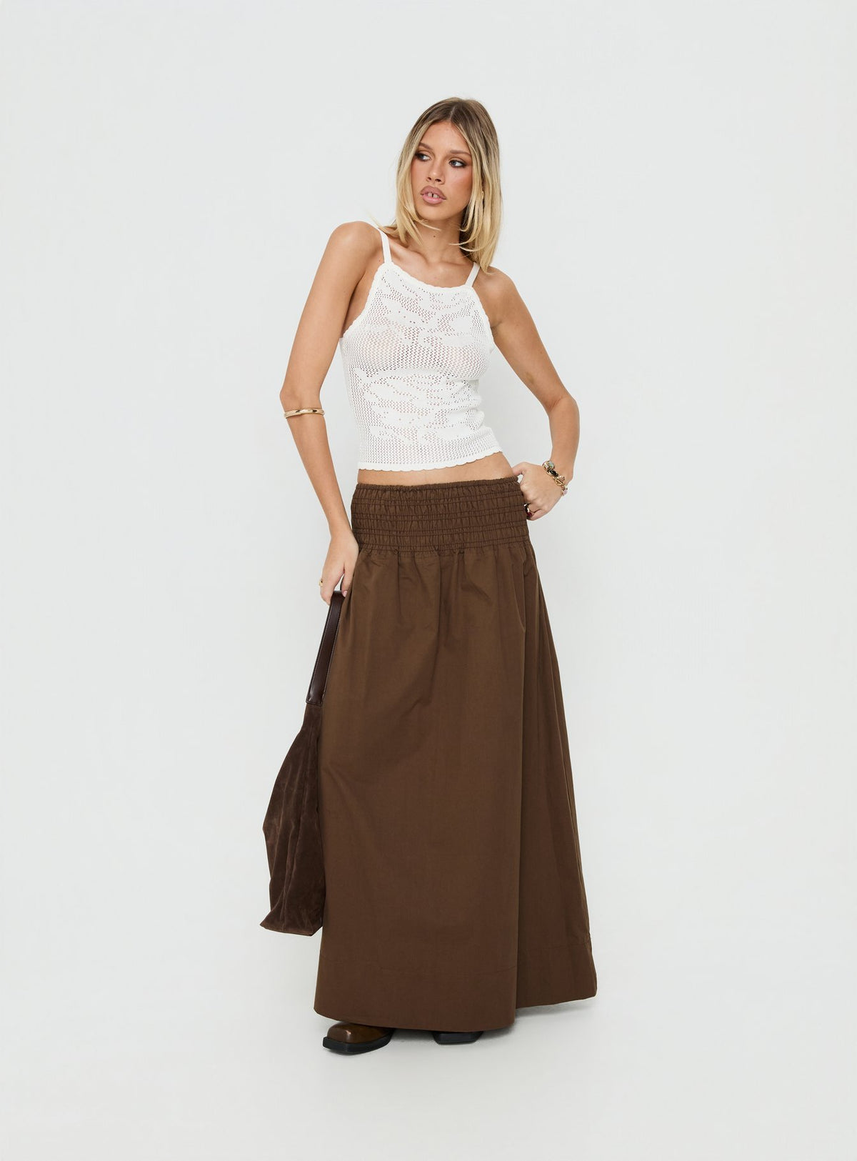 Showcasing the Thessa Ruched Maxi Skirt Chocolate in womens-skirts with maxi length front view of model wearing Princess Polly