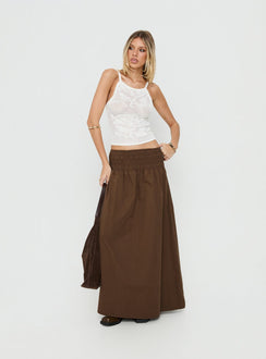 Showcasing the Thessa Ruched Maxi Skirt Chocolate in womens-skirts with maxi length front view of model wearing Princess Polly