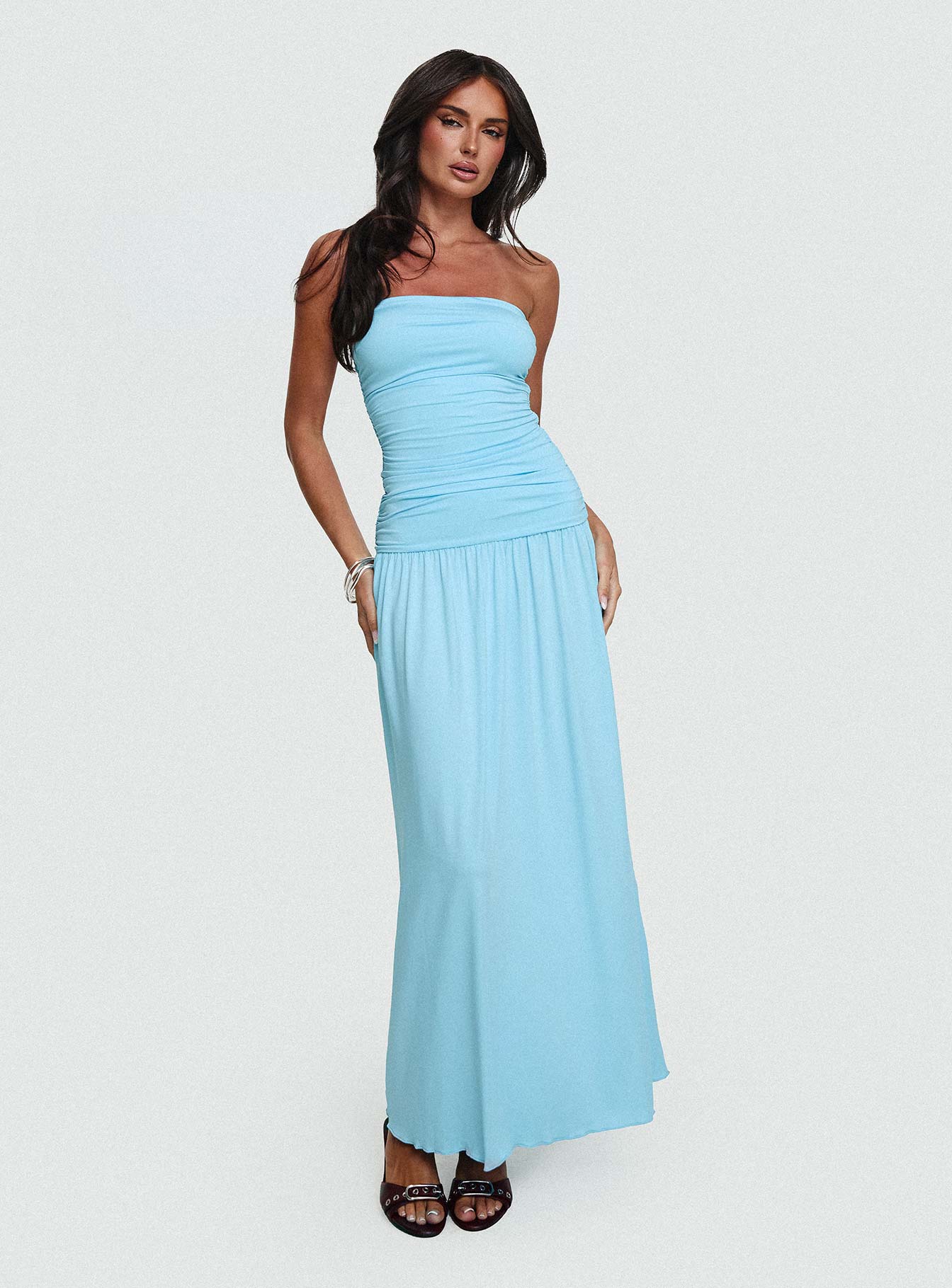 front view of model wearing Princess Polly Glorie Strapless Maxi Dress Light Blue Petite Straight Neck 
