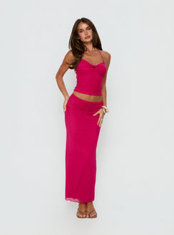   side view of model wearing Princess Polly Jailon Ruched Maxi Skirt Guava Maxi Skirts Skirts 