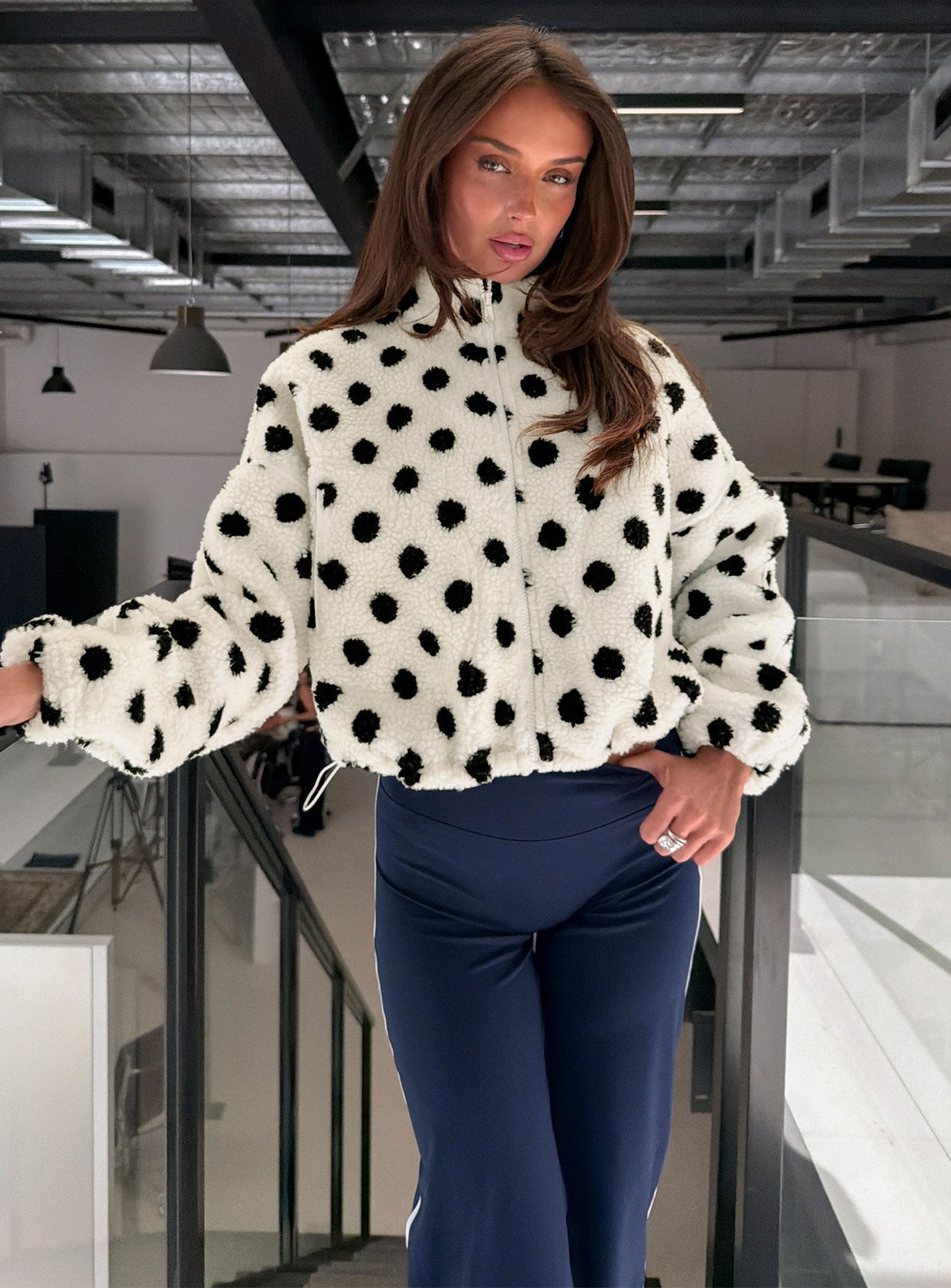 Sammee Polar Fleece Contrast Zip Through Jacket White Polka