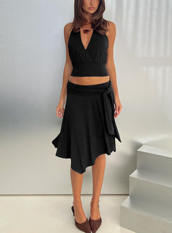   front view of model wearing Princess Polly Soft Focus Tie Waist Midi Skirt Black Midi Skirts 
