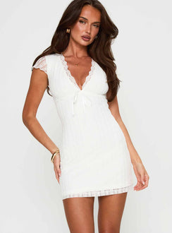 front view of model wearing Princess Polly Ilaine Lace Mini Dress White Plunger 