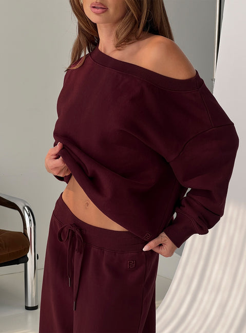 back view of model wearing Princess Polly Wellness Off the Shoulder Jumper Currant cropped 