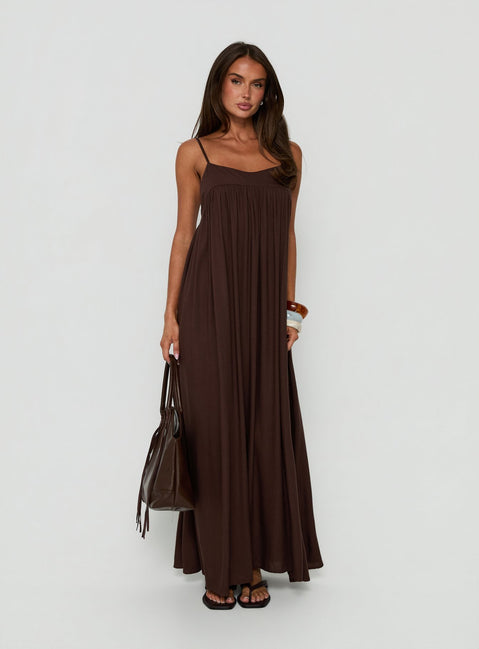 Wildah Linen Smock Maxi Dress Brown
