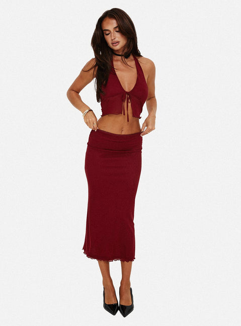 Matching set, mesh material Crop top, halter neck tie, tie fastening at bust Low rise maxi skirt, split hem, lettuce edge hem Good stretch, partially lined