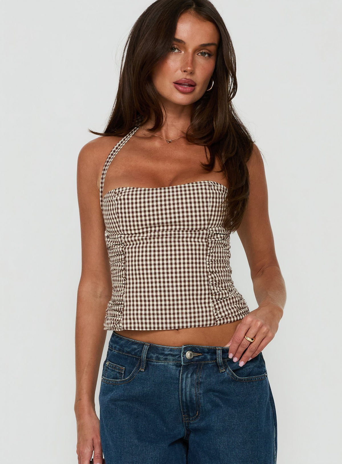 West Coast Love Halter Top Brown Gingham