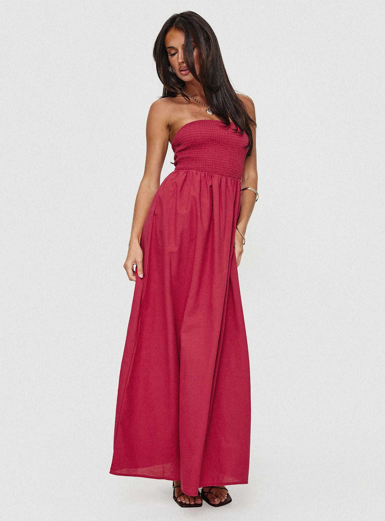back view of model wearing Princess Polly Dayona Strapless Maxi Dress Red Straight Neck 