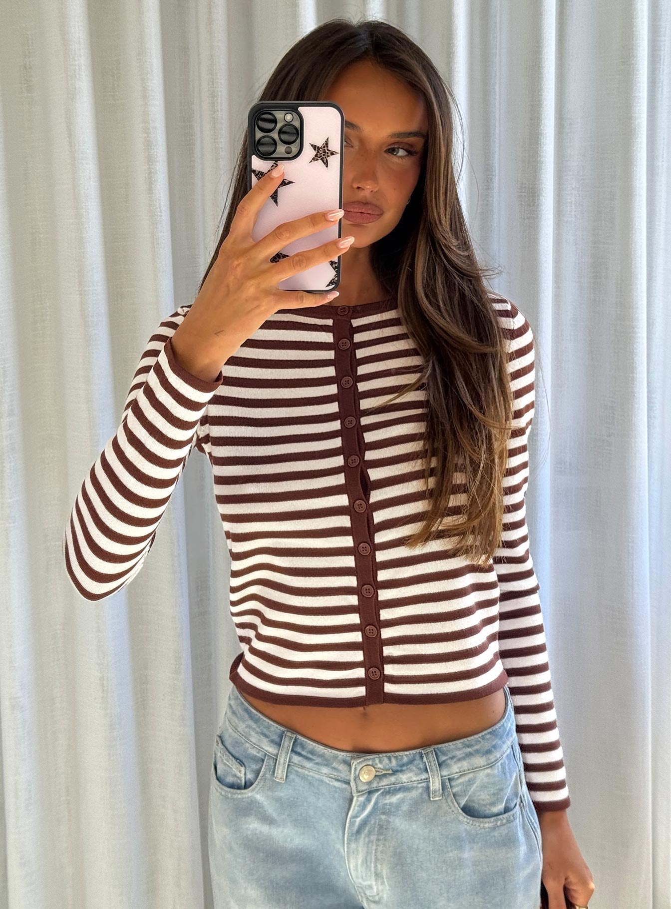 front view of model wearing Princess Polly Elcie Button Up Cardigan Brown Stripe Cropped Jumpers 