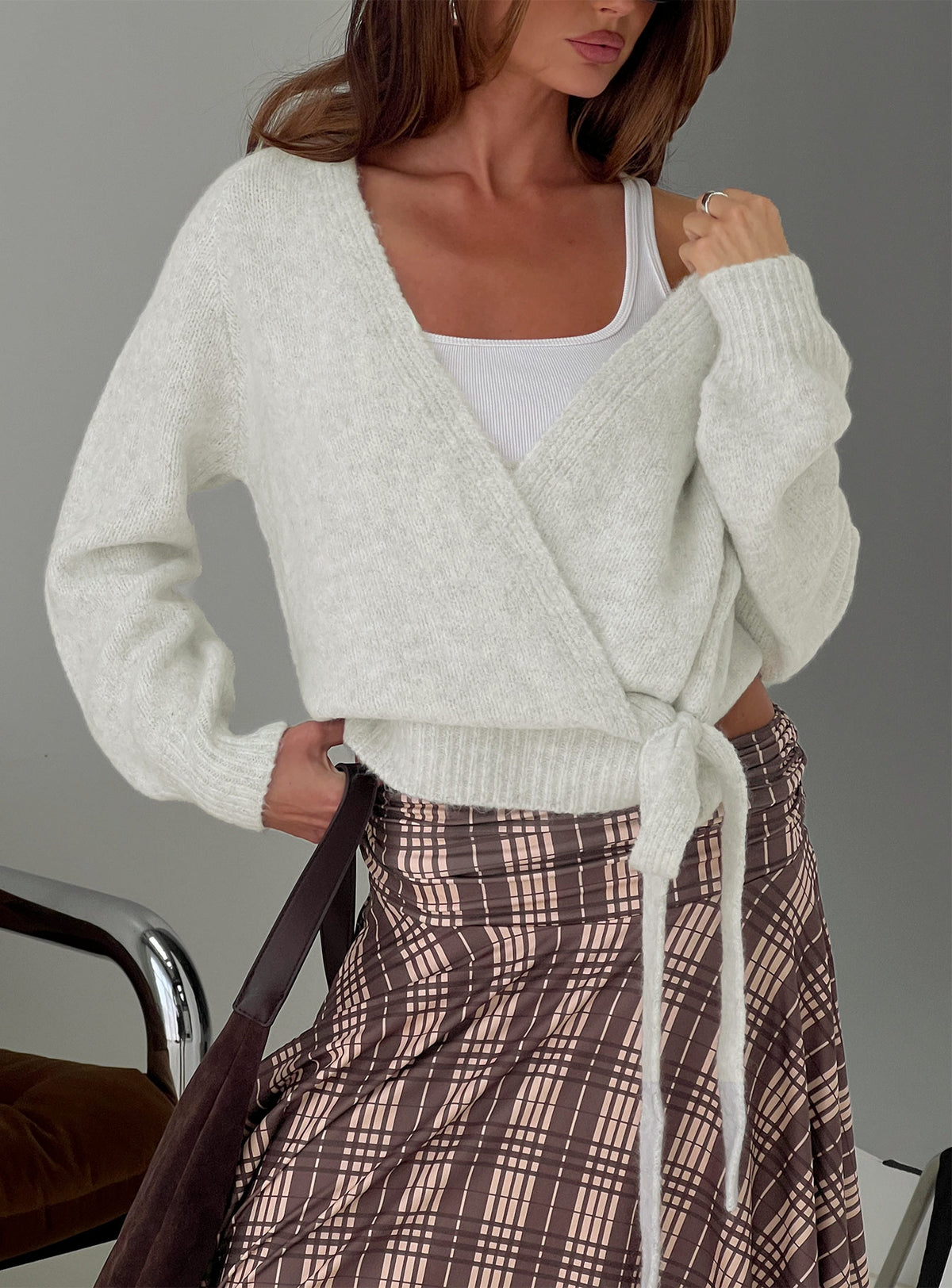 front view of model wearing Princess Polly Daelan Wrap Knit Cardigan Grey Marle Cropped Jumpers 