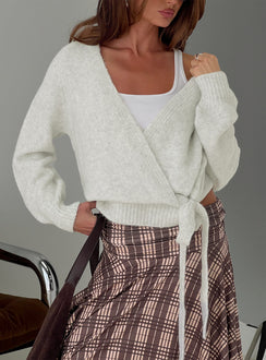 front view of model wearing Princess Polly Daelan Wrap Knit Cardigan Grey Marle Cropped Jumpers 