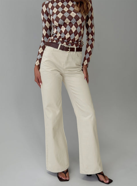 front view of model wearing Princess Polly Maple Mid Rise Flare Jeans Ecru High Rise Jeans Jeans 