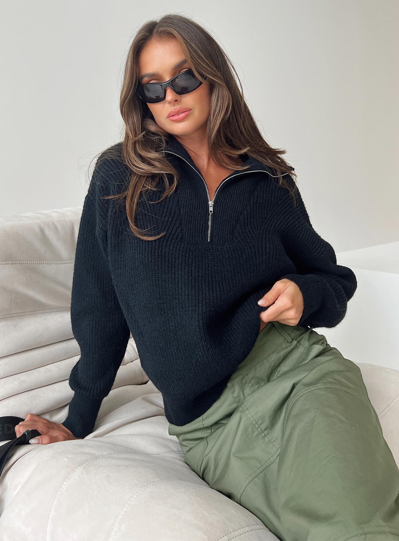 front view of model wearing Princess Polly Ferry Zip Front Sweater Black Lower Impact Cropped 