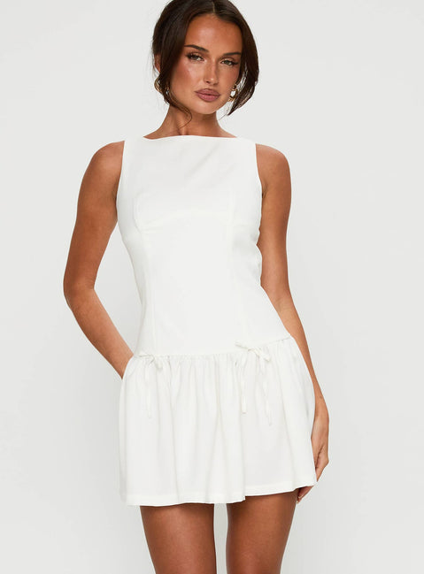 front view of model wearing Princess Polly Milienne Mini Dress White Crew Neck 