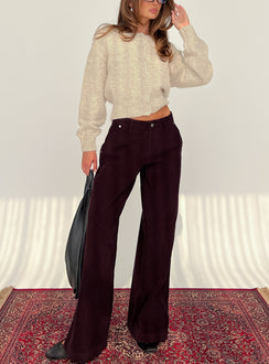 front view of model wearing Princess Polly Jacynda Low Waist Wide Leg Corduroy Jeans Currant Mid Rise Jeans 