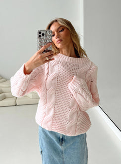 back view of model wearing Princess Polly Ellison Cable Knit Sweater Blush Pink Longline Jumpers 