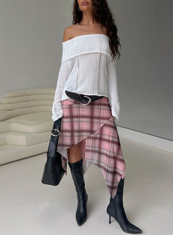   front view of model wearing Princess Polly Anali Asymmetrical Midi Skirt Pink / Multi Check Midi Skirts Skirts 