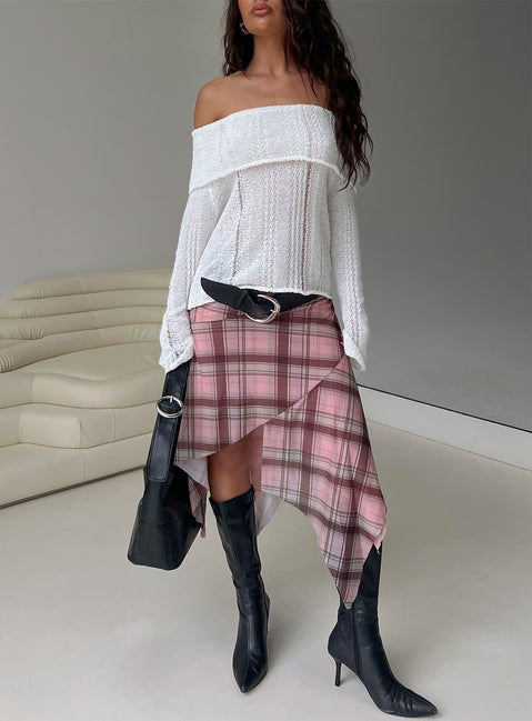   front view of model wearing Princess Polly Anali Asymmetrical Midi Skirt Pink / Multi Check Midi Skirts Skirts 