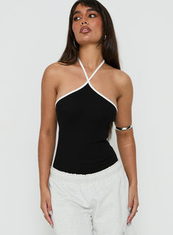 Showcasing the Azara Contrast Arrowneck Bodysuit Black / White womens-bodysuit with sleeveless design front view of model wearing Princess Polly