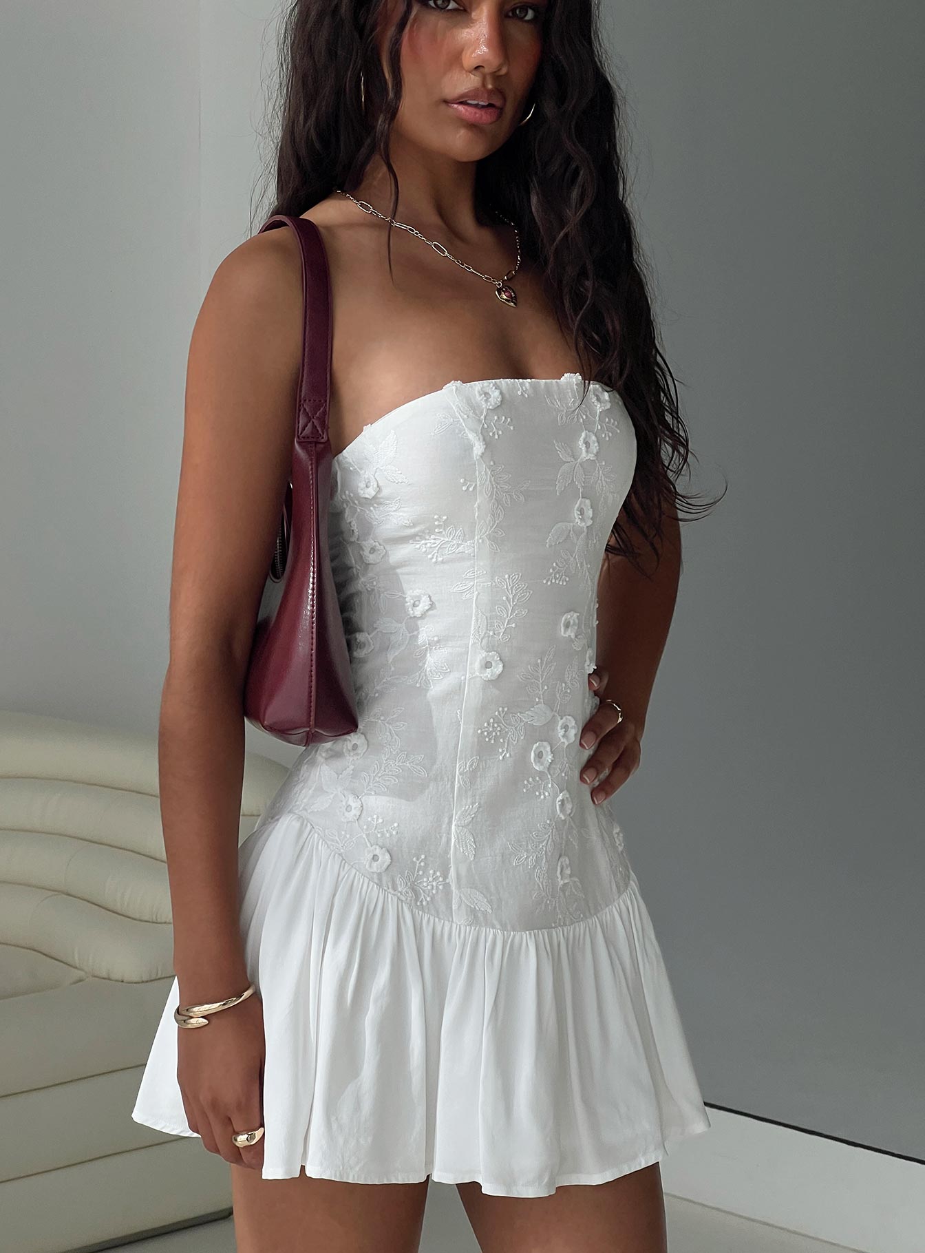 back view of model wearing Princess Polly Envie Strapless Mini Dress White Straight Neck 