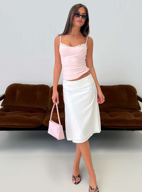 Featuring the Such Delight Linen Midi Skirt in white for womens-skirts, crafted with a fitted aline shape front view of model wearing Princess Polly