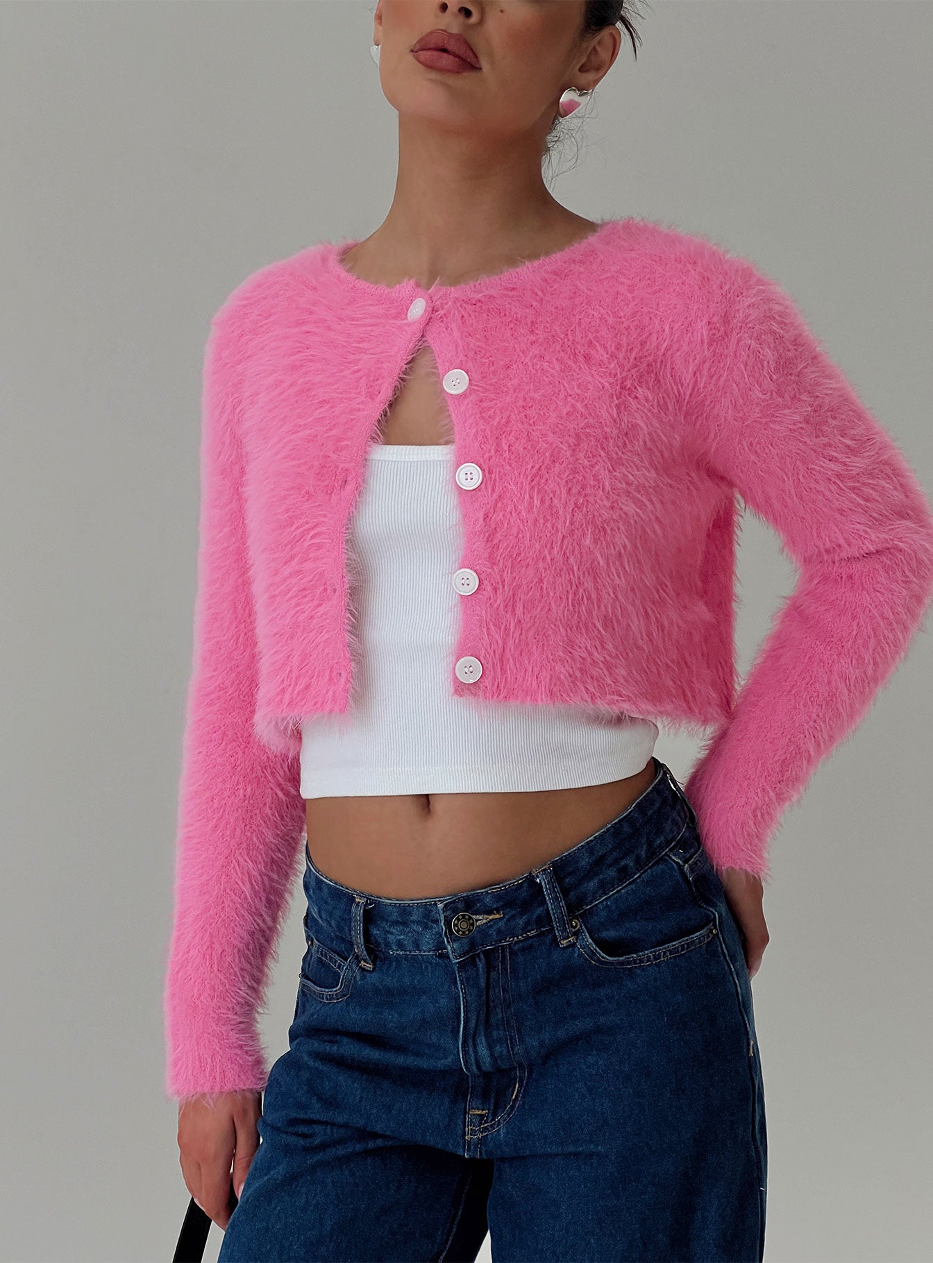 front view of model wearing Princess Polly Just A Girl Cardigan Pink cropped Jumpers 