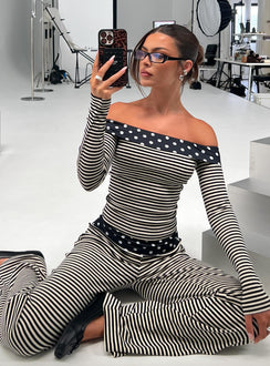 front view of model wearing Princess Polly Virenna Fold Over Pants Black Multi Mid Rise Pants 