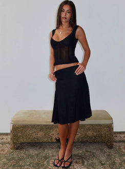 Showcasing the Quani Lace Midi Skirt Black womens-skirts in midi length front view of model wearing Princess Polly