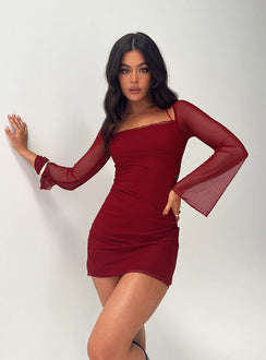 Front view of model wearing  front Princess Polly High Neck  Bilbao Long Sleeve Mini Dress Burgundy