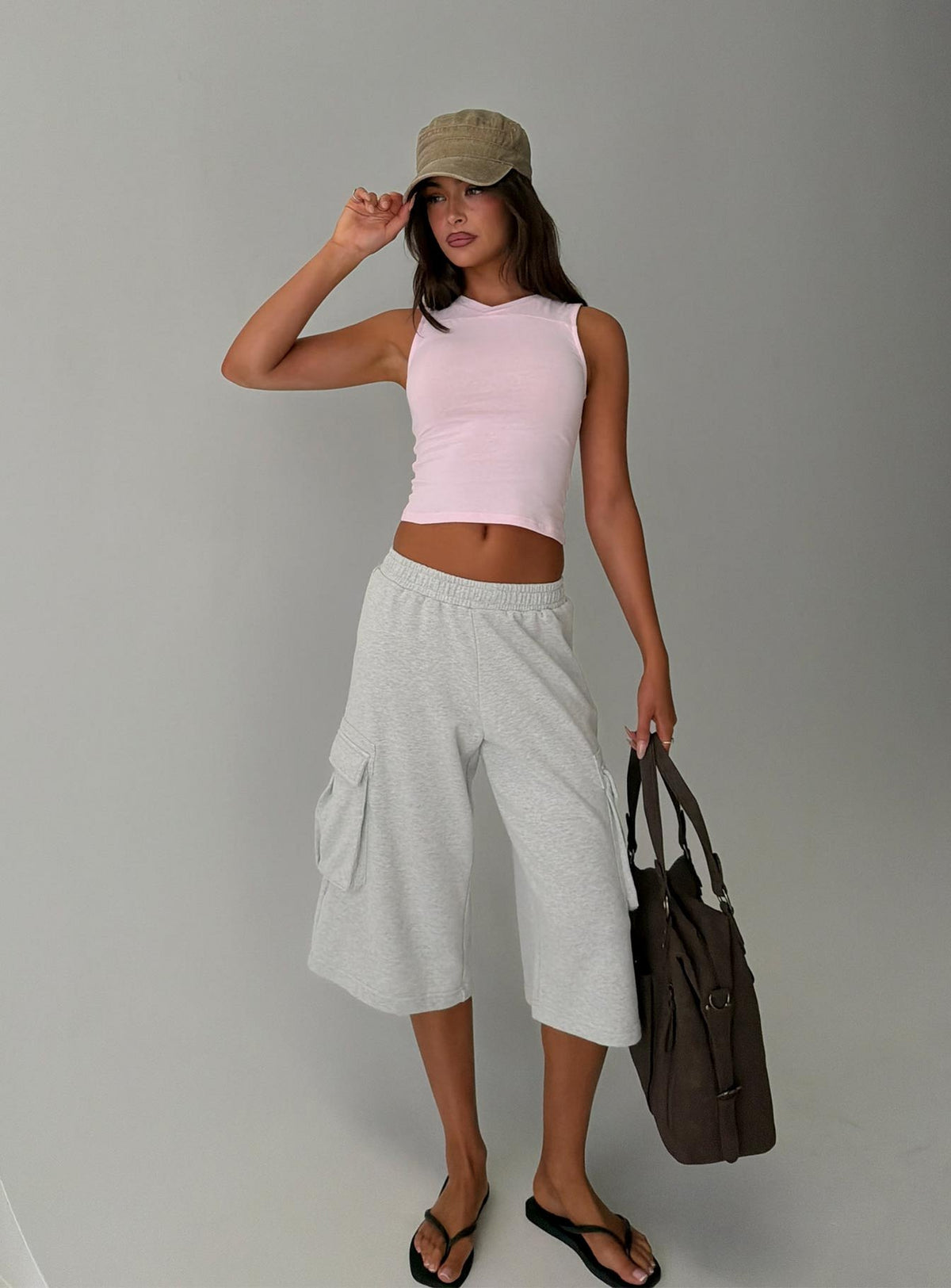 Harleah Wide Cargo Fleece Shorts Grey Marle