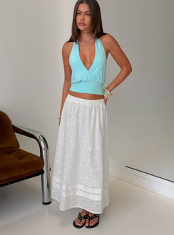 Discover the Isolie Tiered Maxi Skirt White Anglaise in womens-skirts with a relaxed fit featuring lace hem and layered details front view of model wearing Princess Polly