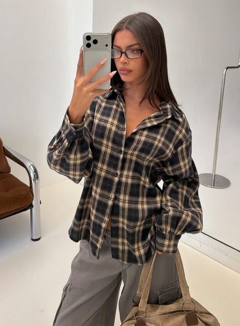 Caydence Long Sleeve Button Down Flannel Top Check Multi