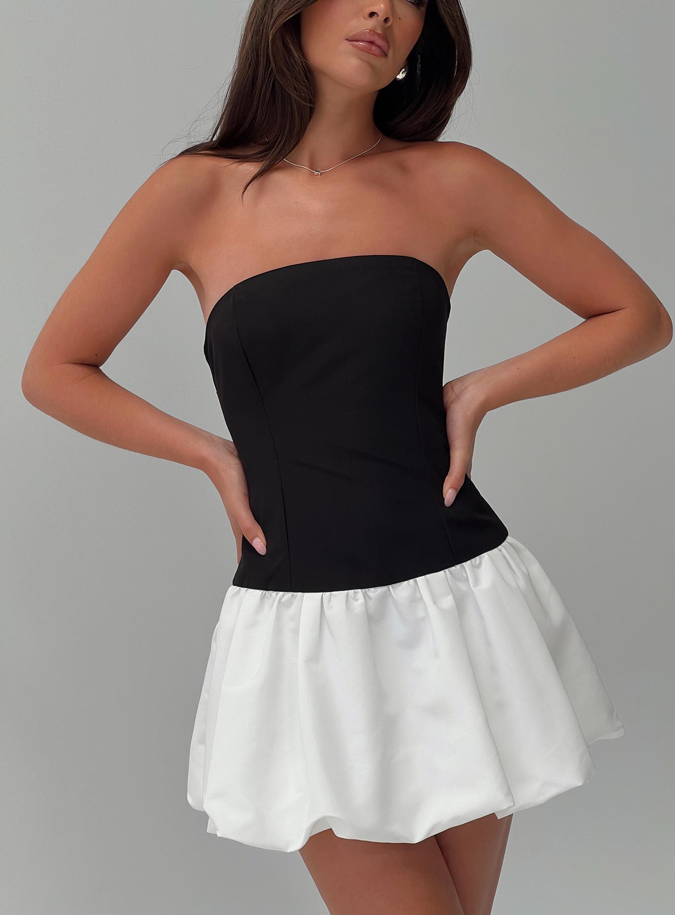 front view of model wearing Princess Polly Delicacies Bubble Hem Mini Dress Black / White Straight Neck 