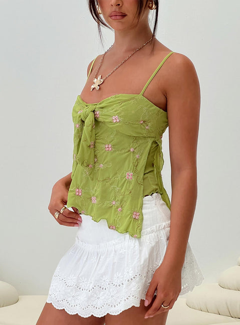 side view of model wearing Princess Polly Paislie Mesh Top Sage Green Sleeveless Sweetheart 