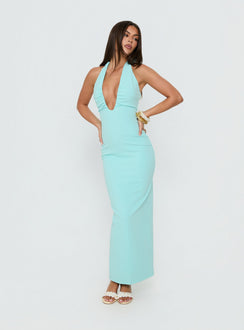 Soft Storm Plunge Halter Maxi Dress Turquoise