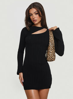 front view of model wearing Princess Polly Cookson Mini Dress Black High Neck 