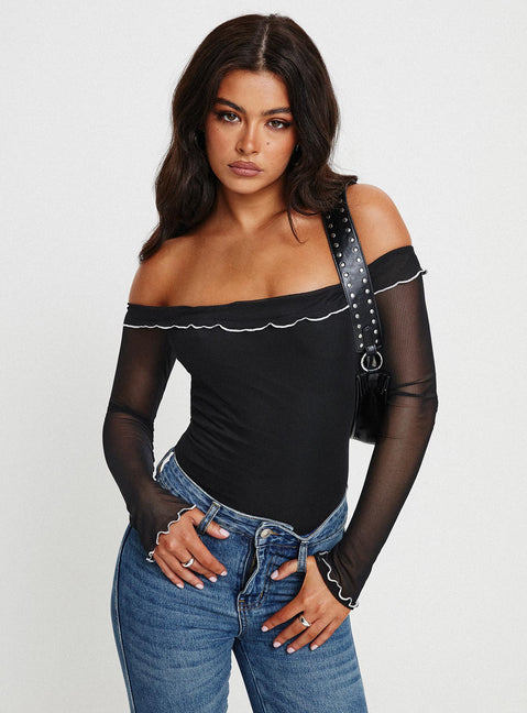 side view of model wearing Princess Polly Arsema Off The Shoulder Bodysuit Black Full Sleeves 
