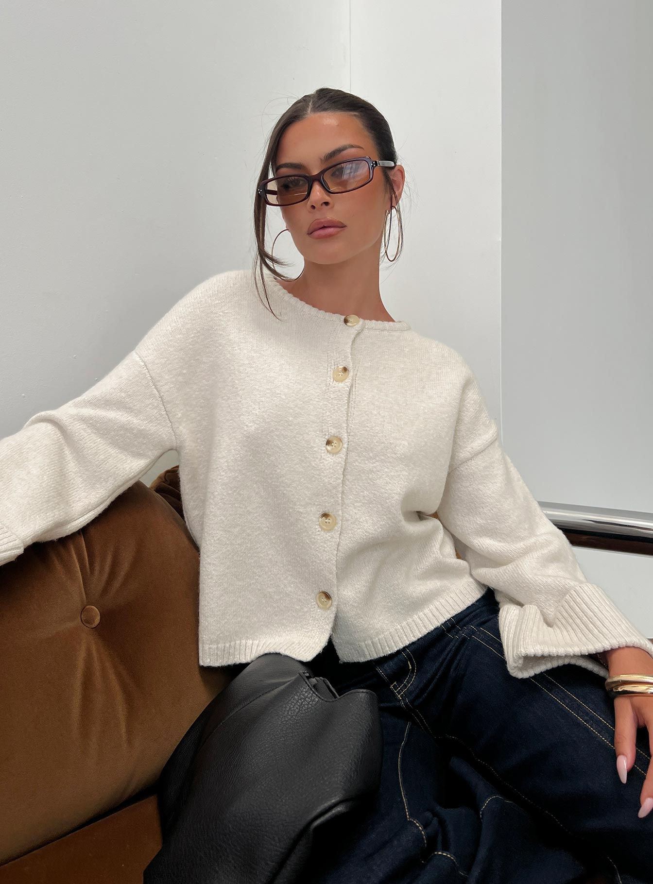 front view of model wearing Princess Polly Shinead Cuffed Knit Cardigan White Cropped Jumpers 