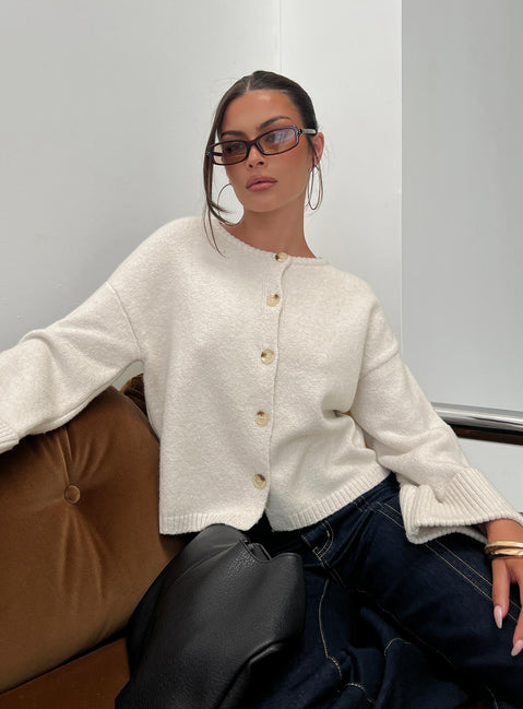 front view of model wearing Princess Polly Shinead Cuffed Knit Cardigan White Cropped Jumpers 